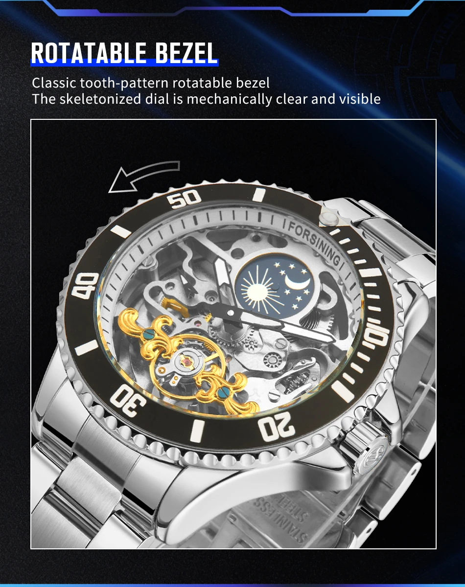 FORSINING Luxury Brands Replica Men's Diver Watches Stainless Steel Strip Skeleton Mechanical Clock Sports Sun and Moon Luminous