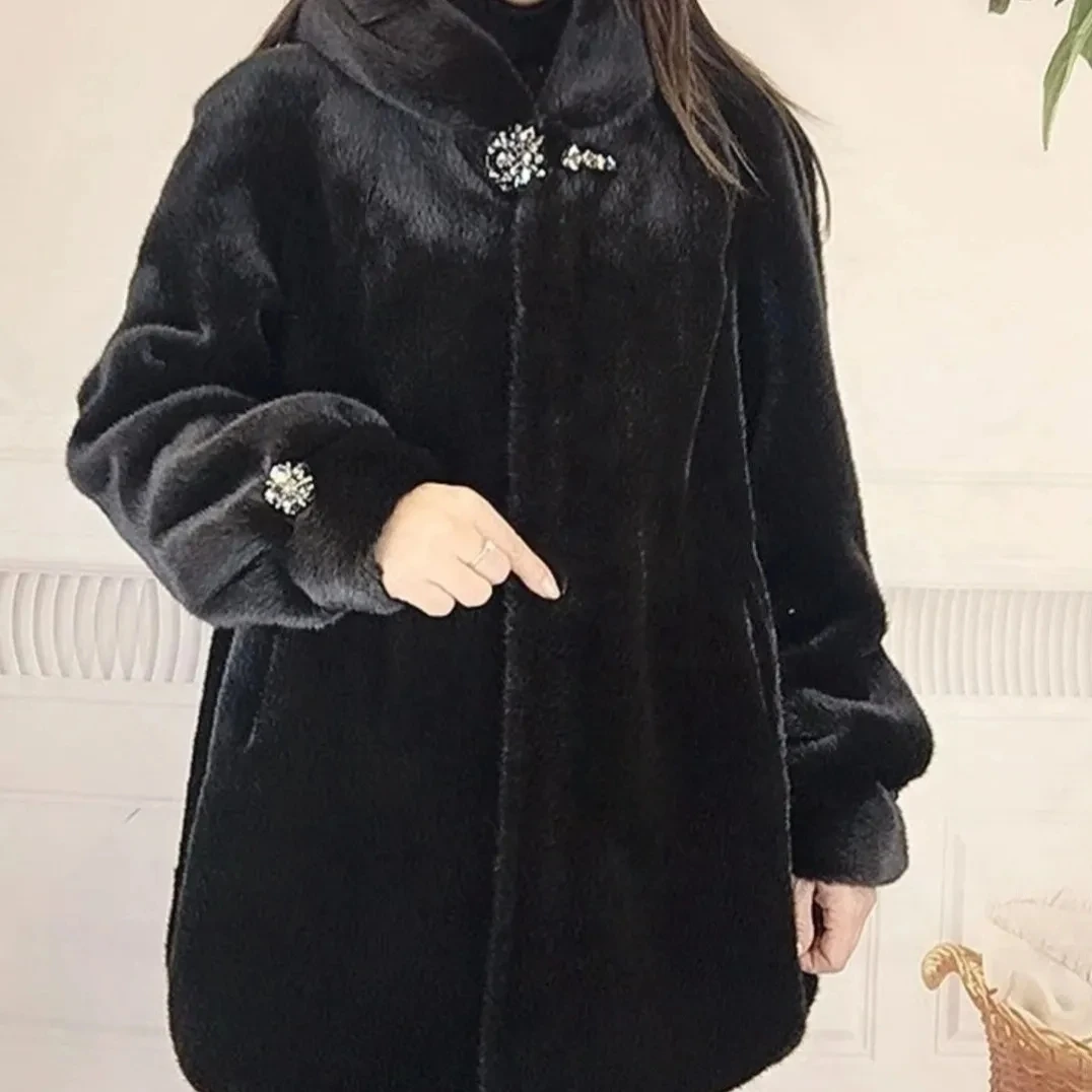 2023 Winter Imitation Mink Velvet Fur Jackets Women\'s Overcoat Loose Mother\' Hooded Jacket fleece-lined Thicke Warm Parker Coat