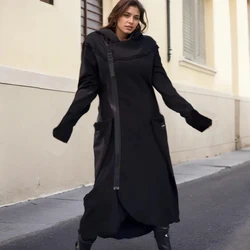 Ropa de calle, abrigo con capucha, informal, con cuello de lazo, bolsillo con cremallera, dobladillo Irregular, abrigo para mujer, sudadera larga de calle con capucha de manga larga