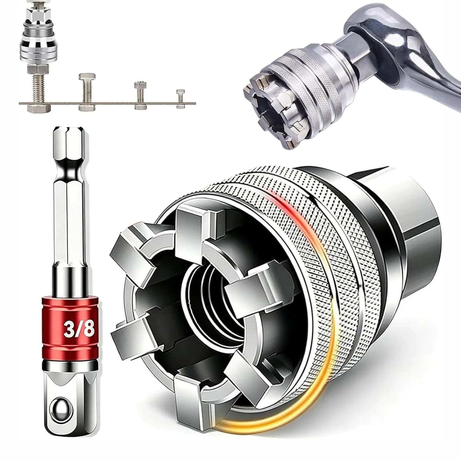 Image of Universelles Steckschlüssel-Werkzeug 10-19mm (3/8"-3/4") mit 3/8" Bohradapter, Durchgangs-Steckschlüsselsatz für Mechanische Reparaturen