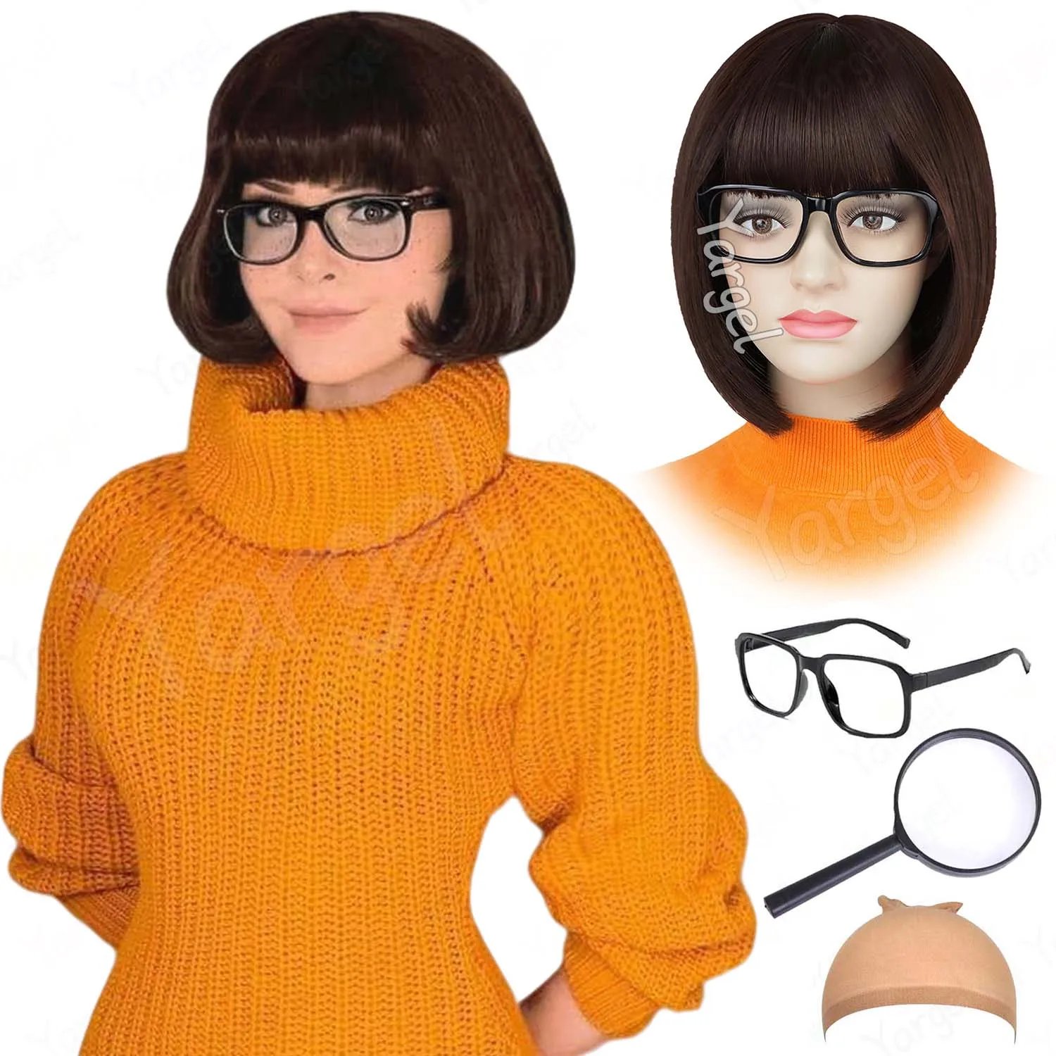 Perruque synthétique courte et droite Velma + lunettes + loupe, perruque bob marron avec frange, perruque pour costume, cosplay, fête d'Halloween, usage quotidien