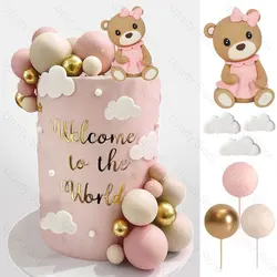32Pcs Bear Cake Toppers Blue Pink Cake Balls Brown Bear Cake Decorations for Baby Shower 1st Birthday Party Cake Decor Favor
