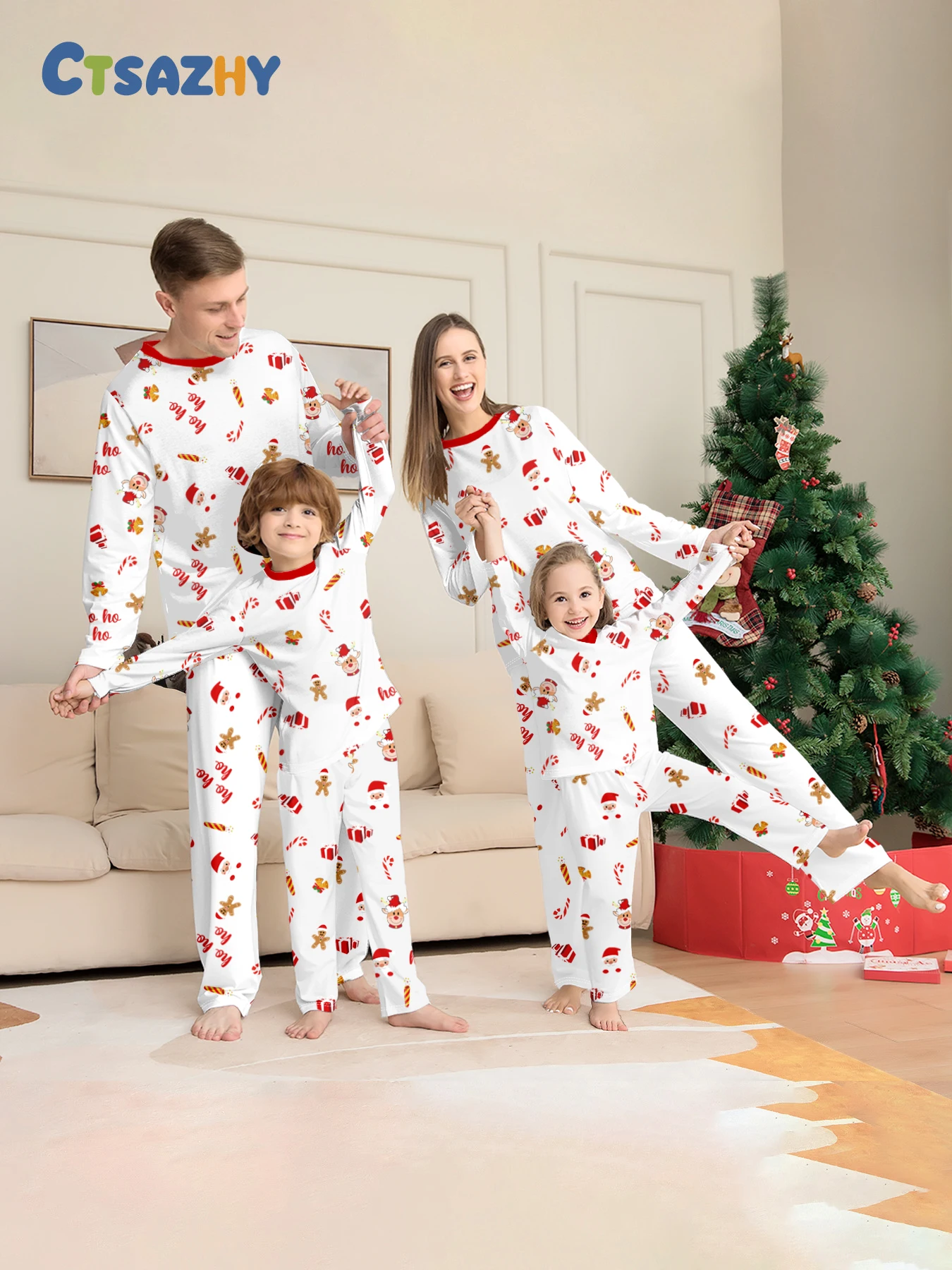 

Xmas Family Pajamas Set Santa "Ho Ho Ho" Gingerbread Candy Cane Print Red Trim Long Sleeve for Adults Children