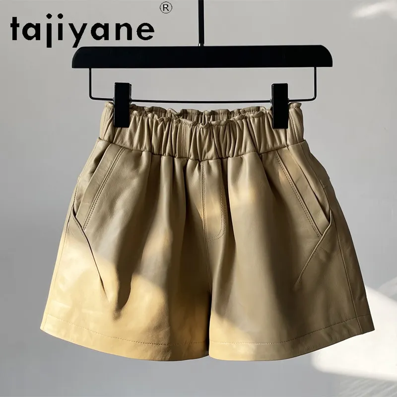 TAJIYANE Sheepskin Real Leather Shorts Women High Quality Elastic Waist Short Femme Wide-leg Casual Shorts for Woman Korean 반바지