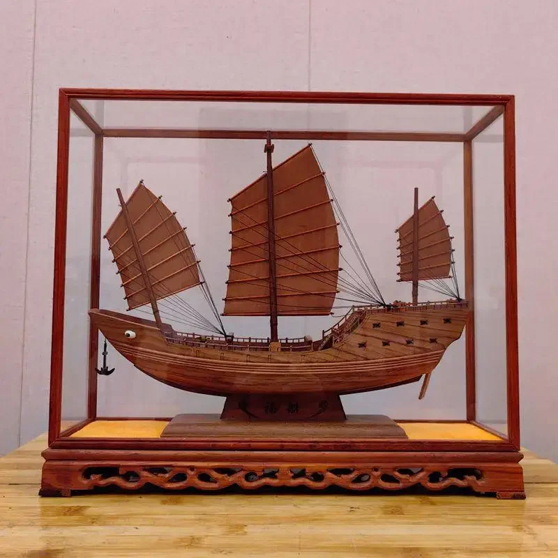 Chinese pure handmade Zheng Hefu ship solid wood ship model home decoration ornament with glass cover gift box collection