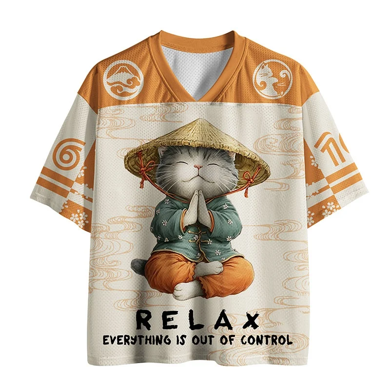 Unisex Relax Everything Is Out Of Control Meditating Monk Cat Jersey Cute Zen Cat Print V-Neck Orange Short Sleeve Sports Tee