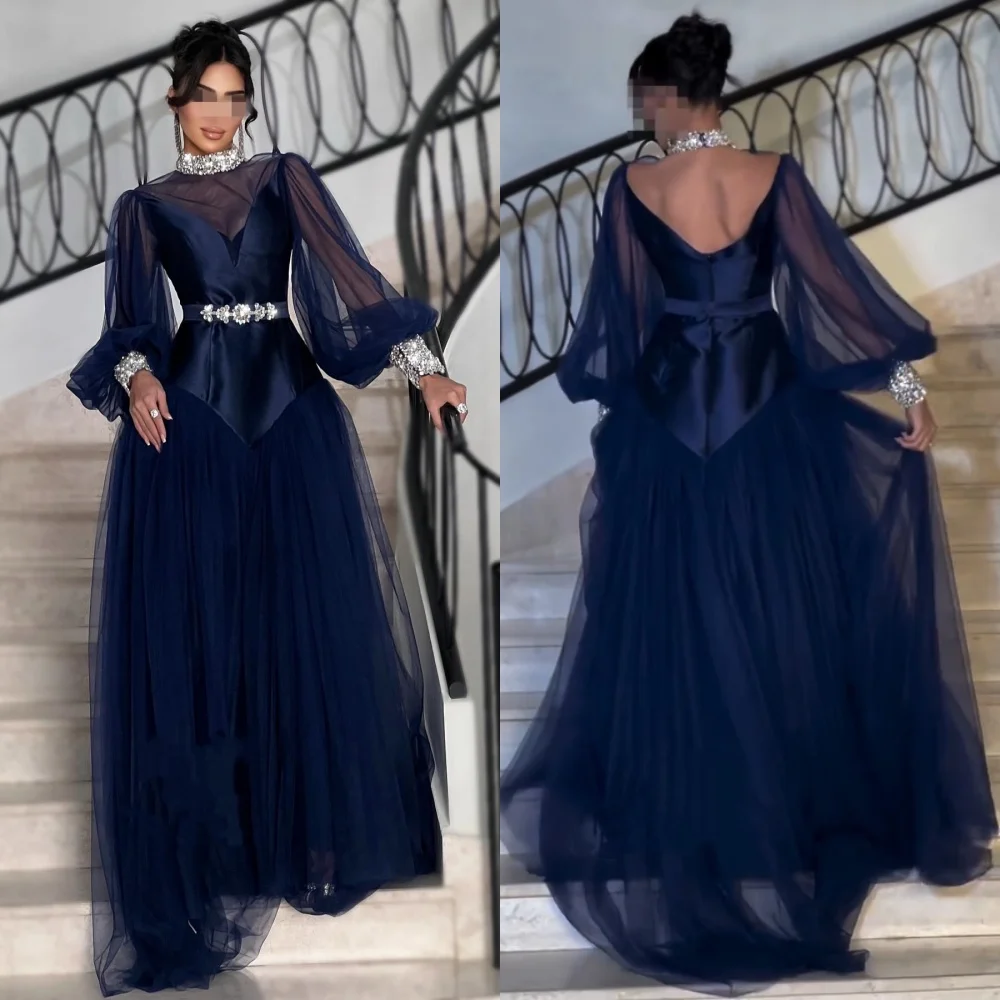 

Customized Women Luxury Evening Net Pleat Rhinestone A-line Long Dresses Bespoke Occasion High Quality Sparkle Exquisite Party