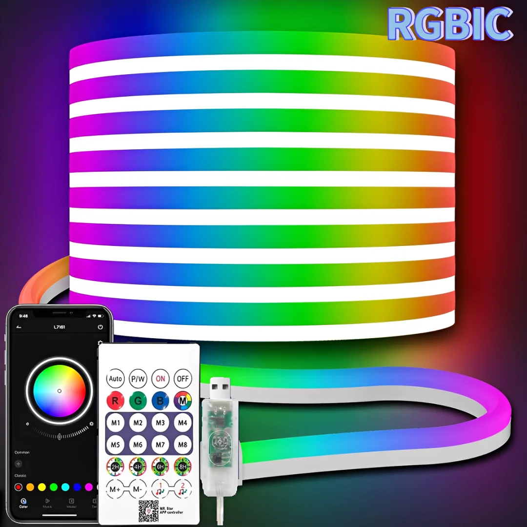 5V USB RGBIC Neon LED Strip Lights with Bluetooth APP Control Music Sync Waterproof Flexible Tape for Gaming Room Party Decor