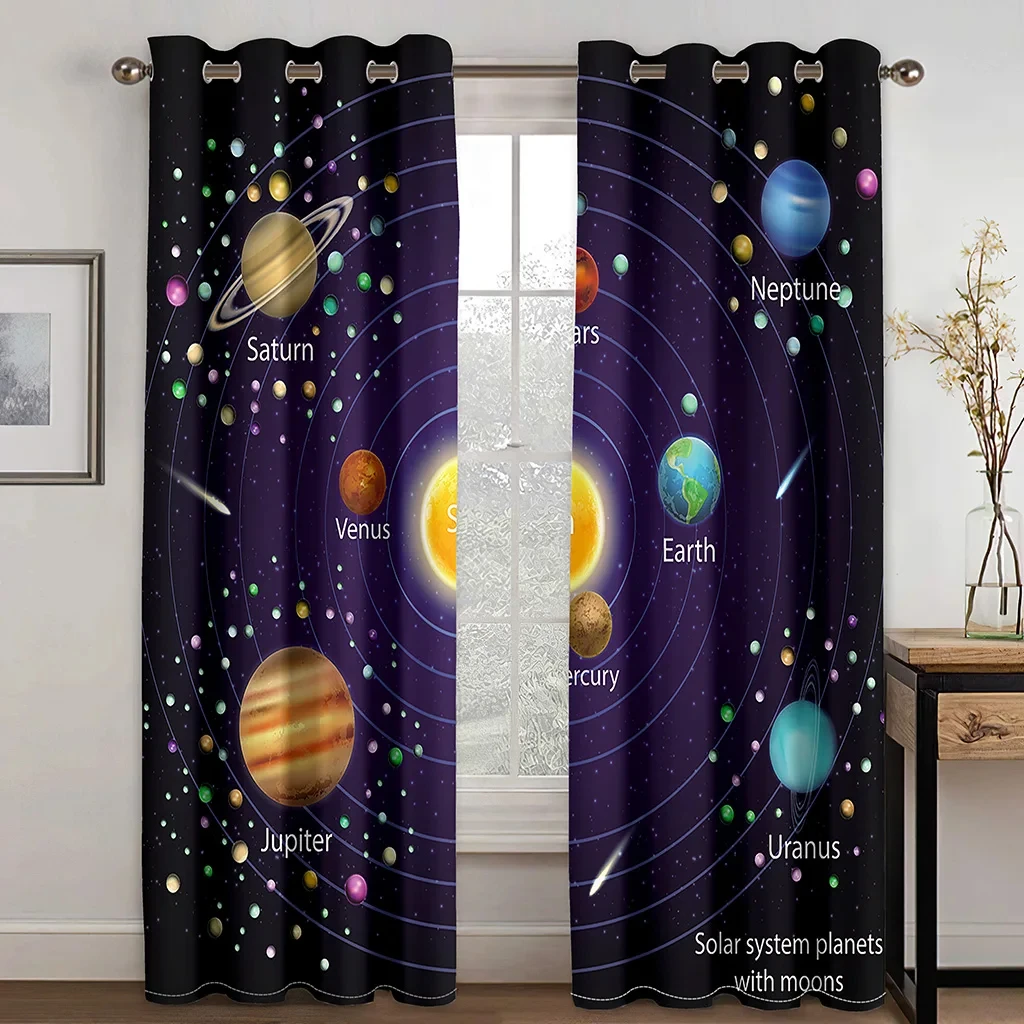 3D Print Cartoon Space Galaxy Star Pattern Thin Semi-Shading Window Curtain for Kid Childern Boy Bedroom Living Room Home Hook