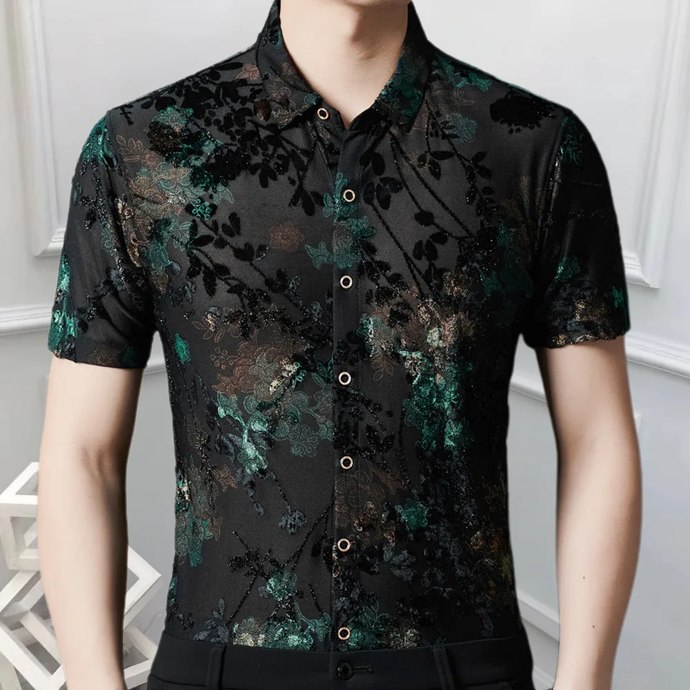Sexy Lace Shirt For Male Transparent Shirt See Through Mesh Shirt Club Party Prom Chemise Gold Velvet Short Sleeved Base Shirt