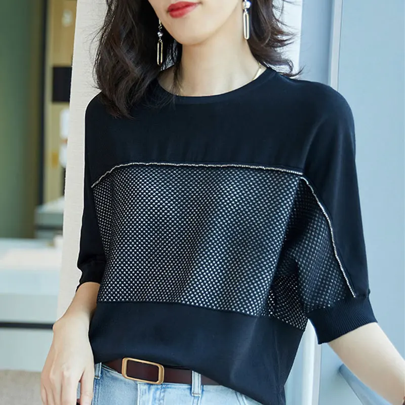 Summer Casual Batwing Sleeve Loose T-shirt Korean Solid Color Spliced Female Clothing Fashion Diamonds O-Neck Knitted Pullovers