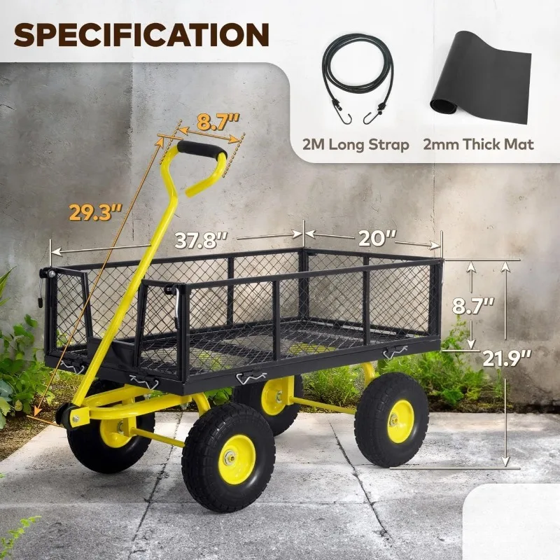 Metalen zwarte tuinwagen, met 180 °   Verstelbare gele handgreep, met mat en riem, robuuste capaciteit van 880 lbs, met 10” plat-fre