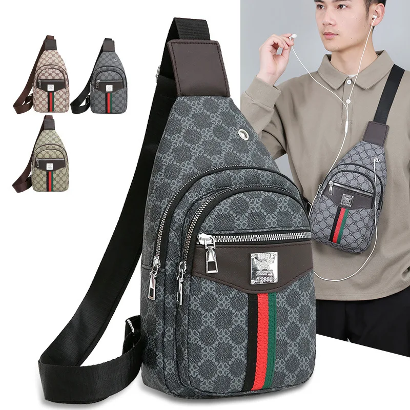 New Personalized Printed Men's Chest Bag, Trendy Casual Shoulder Bag, Waterproof PU Texture Commuting Crossbody Bag