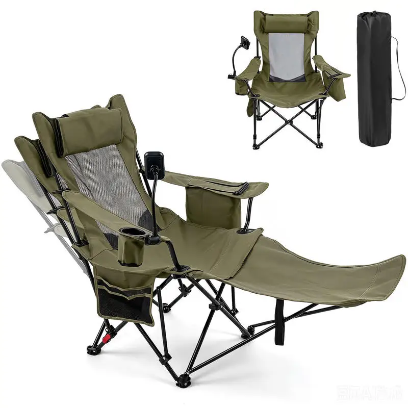 Foldable Camping Recliner Chair With Detachable Footrest, 3-Position Adjustable Backrest, Breathable Mesh Outdoor Lounge Seat For Patio Balcony, Portable No Assembly Required, Green