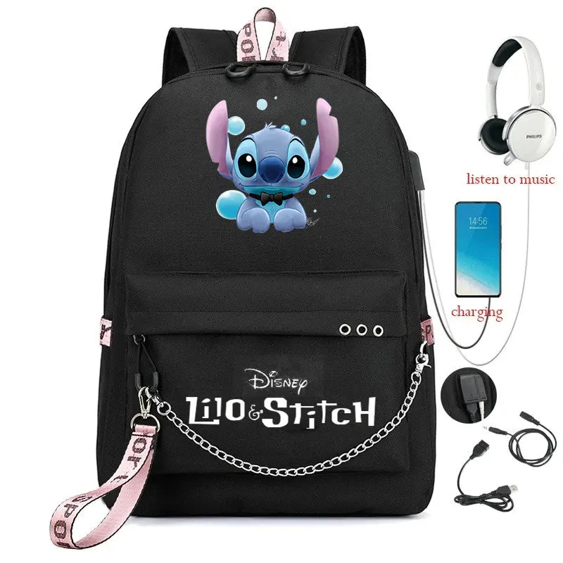 Cartoon Stitch Backpacks Women Men Student USB Charge Canvas Backpack  Print School Bag Teenager Girls Ribbons Mochila