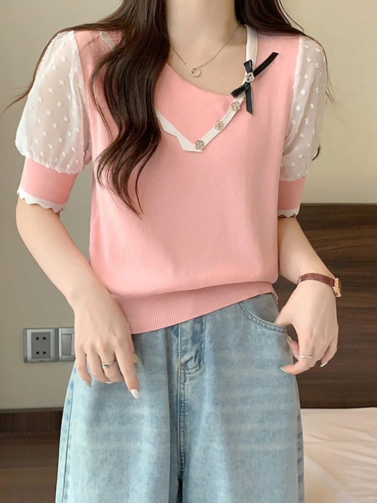 2023 Summer New Chiffon Knitwear Temperament Short Sleeve Top for Women