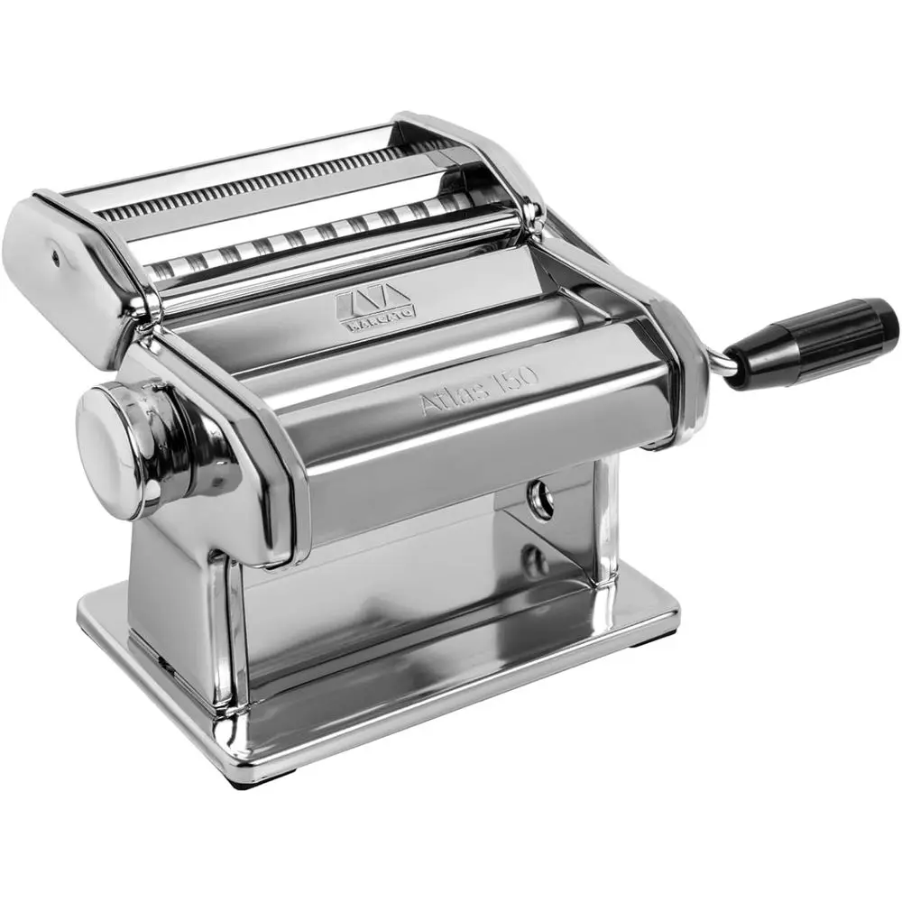 

Made in Italy Atlas 150 Classic Manual Pasta Maker hine, Chrome Steel with Black Hand Crank. Makes Lasagna, ettuccine & Taglioli