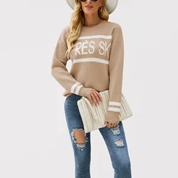 Women's Autumn and Winter New Crew-neck Monogram Jacquard Patchwork Pullover Sweater, Fashion Casual Spell Color Knit Sweater