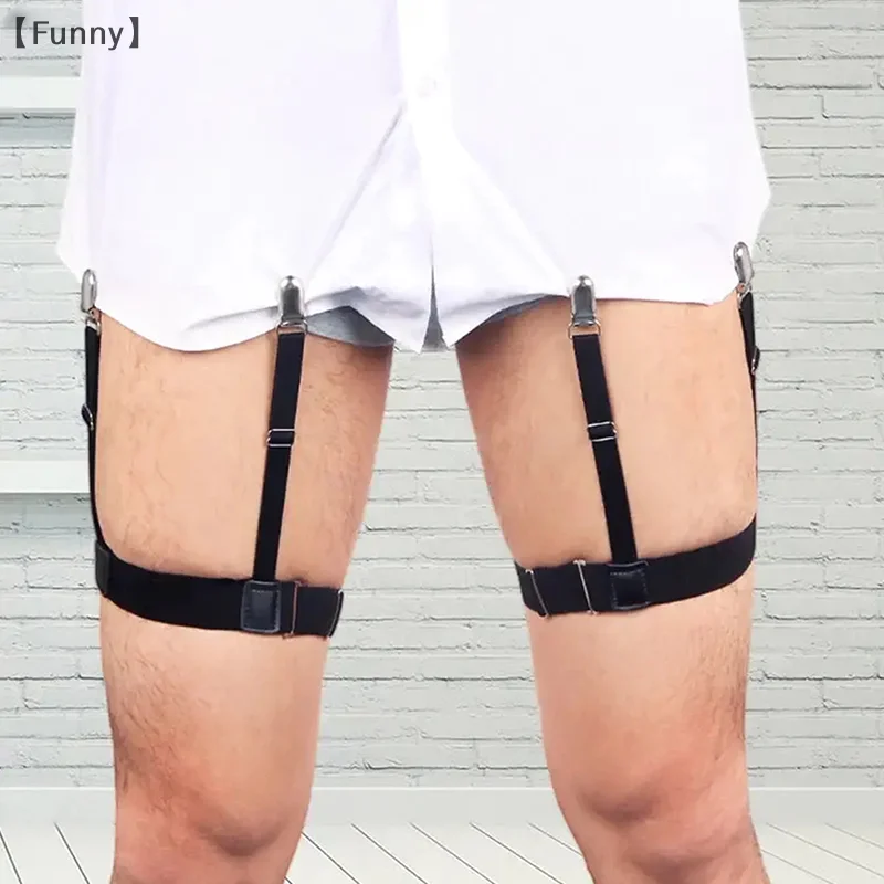 [[مضحك] قميص رجالي حزام البقاء مع مقاطع قفل غير قابلة للانزلاق شهم الساق الفخذ الحمالات الأربطة حزام مرونة موحدة قميص الأقواس