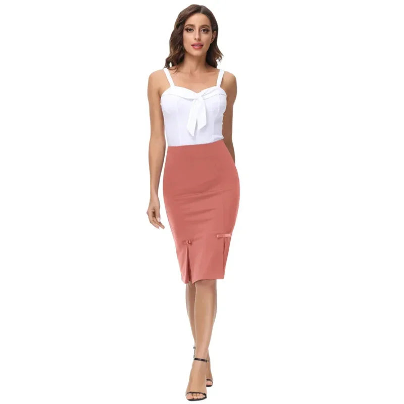 BP Women Office Lady Hips-wrapped Skirts High Waist Stretchy Bodycon Skirt Vintage Bow-Knot Decorated Skirt Elegant Pencil Ski J