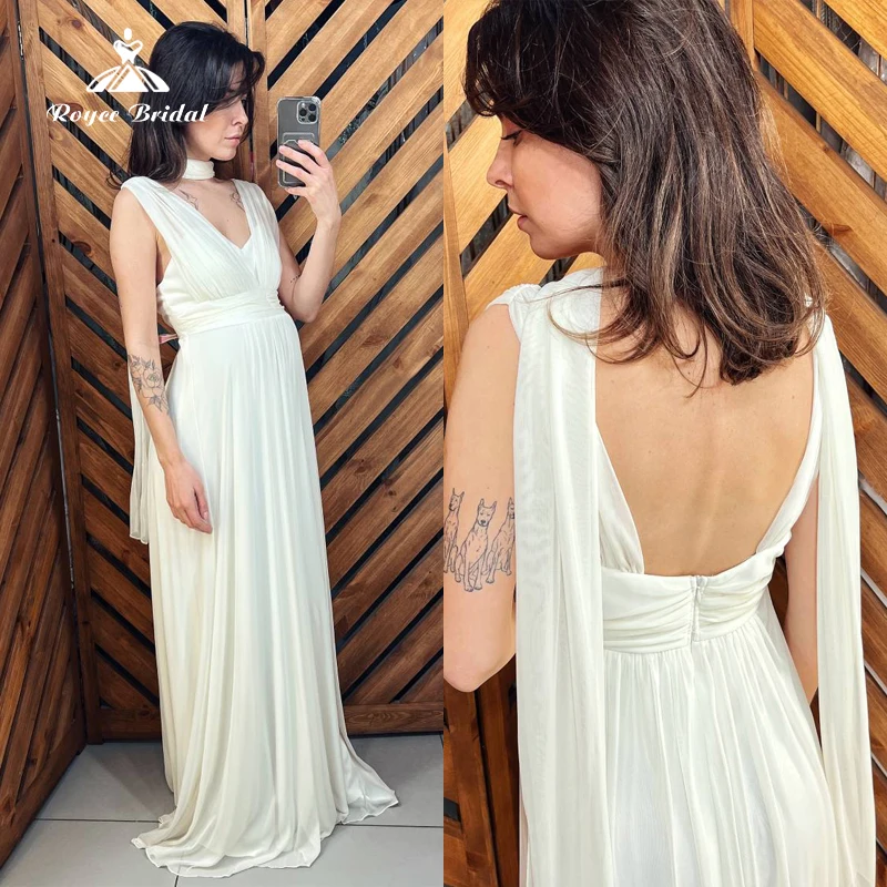 

Boho V-neck Off the Shoulder Open Back Watteau Sashes Pleat A-Line Wedding Dress Chiffon Bridal Gowns Sweep Floor robe de mariée