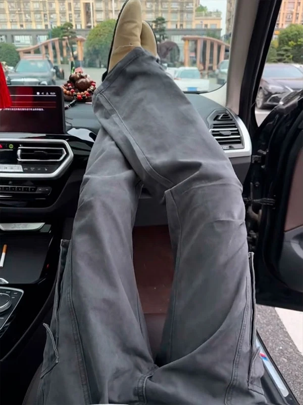 

Retro American ey Pleated Workwear Denim Jeans Men's Autumn Winter Straight Casual Pants Multiple kets High Waist