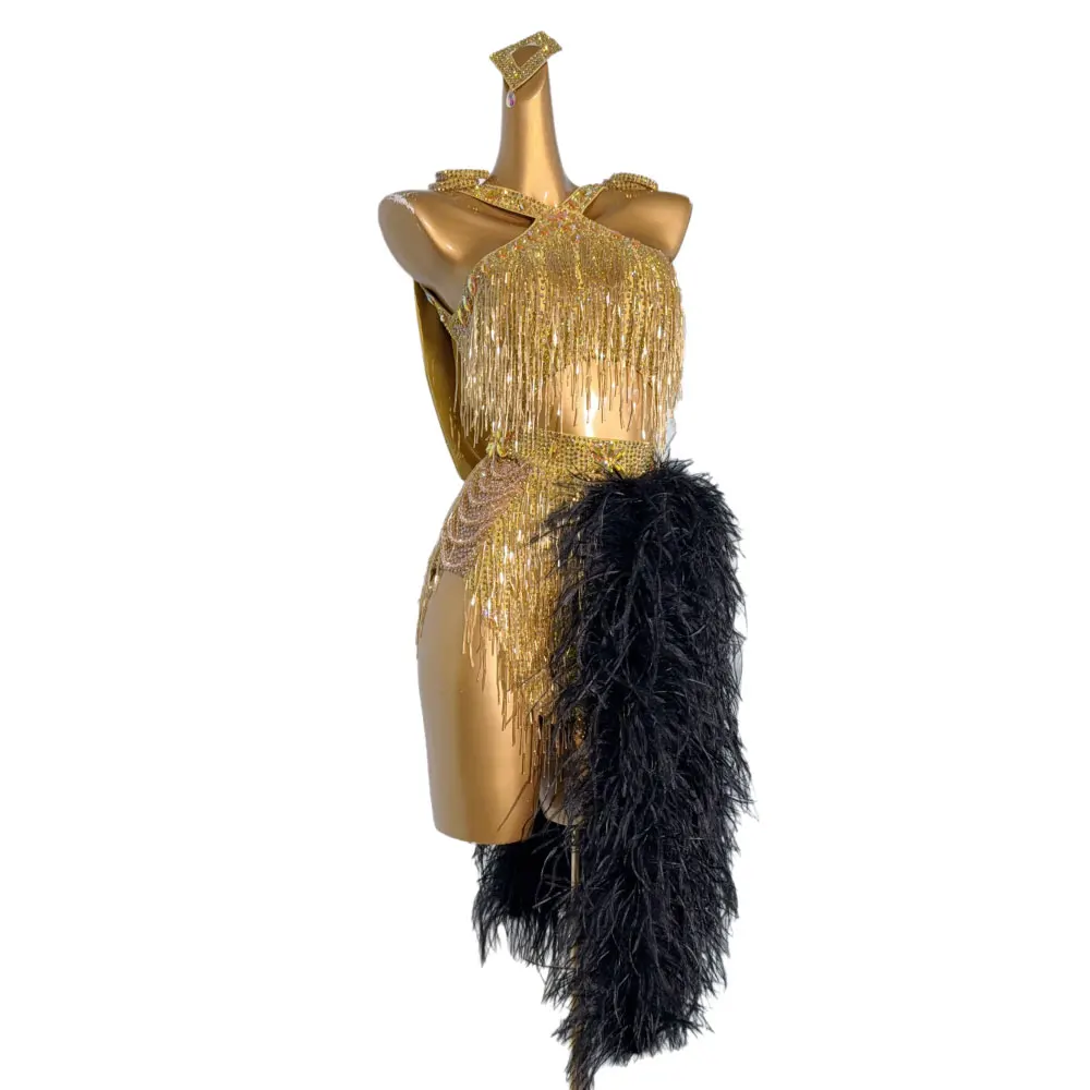 

Latin Dance Costume Rhinestone Girl Adult High-end Custom Gold Bead Tube Tassel Splicing Fluffy Samba Performance Dress