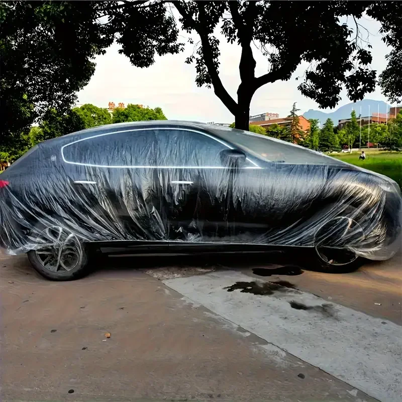 

1pc Disposable Car Cover Durable Winter Car Snow Shield Cover Transparent Plastic Protective Cover Car Accessories