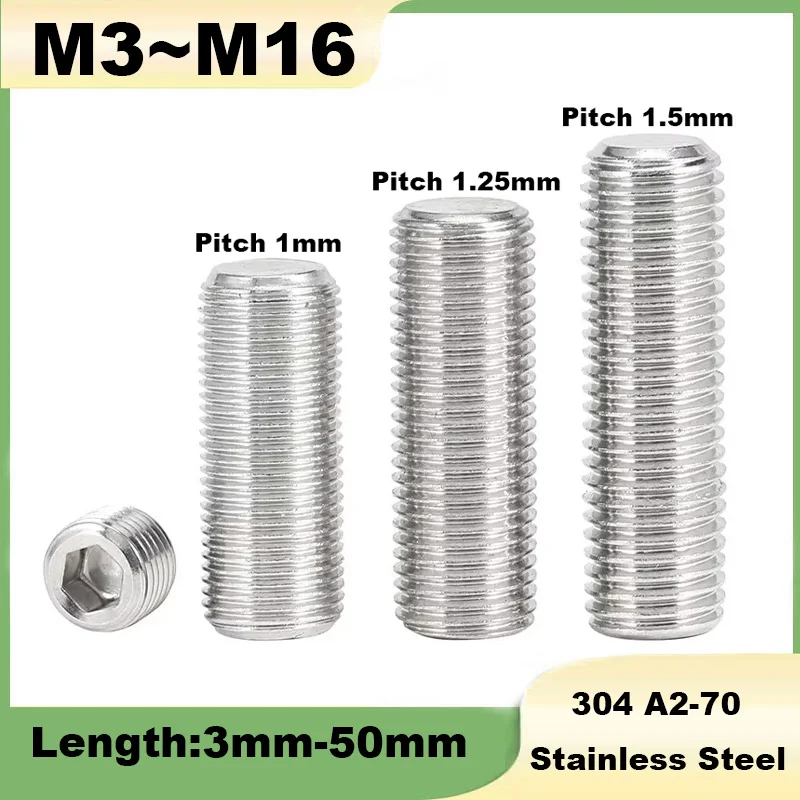 Set Screws DIN913 M3 M4 M5 M6 M8 M10 M12 M14 M16 304 Stainless Steel Fine Thread Flat Point End Grub Headless Bolt