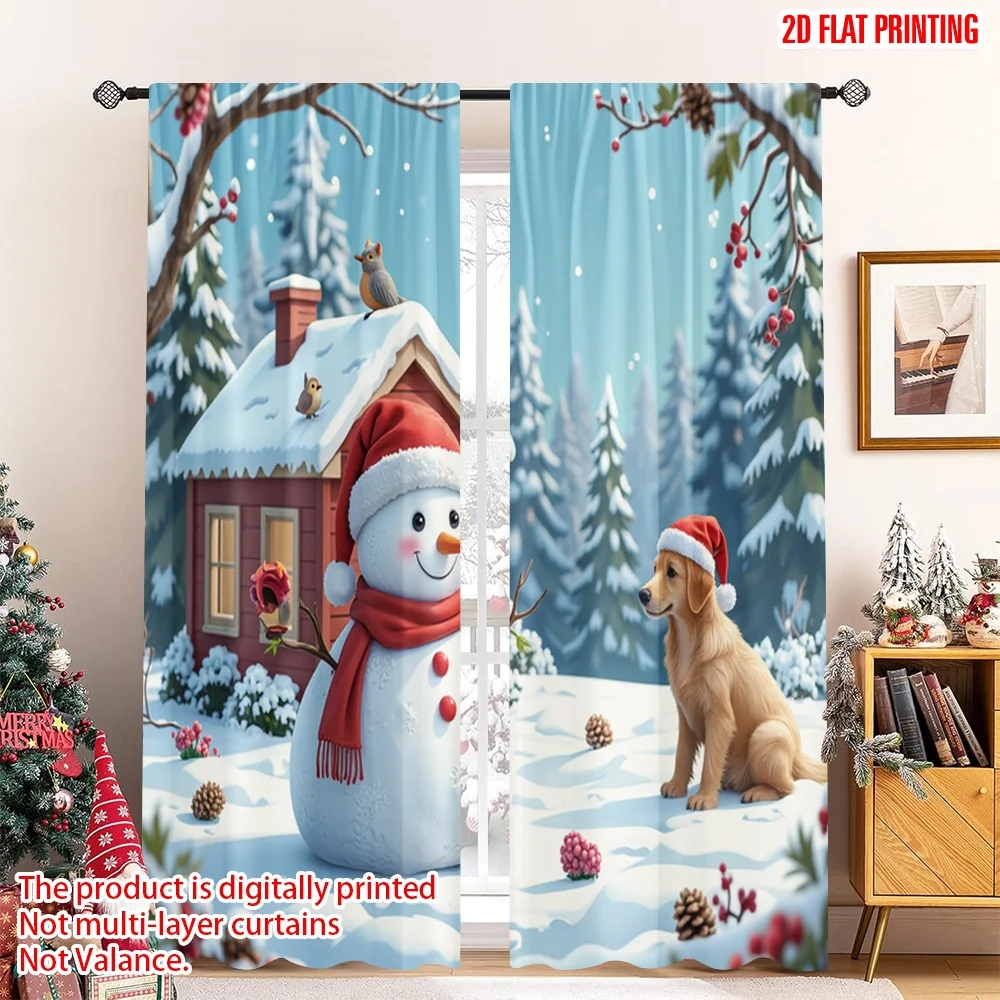 

2pcs 2D flat printing Merry Christmas Window Drapes Cute Animals Snowman Christmas Tree Polyester Fabric Without Electricity