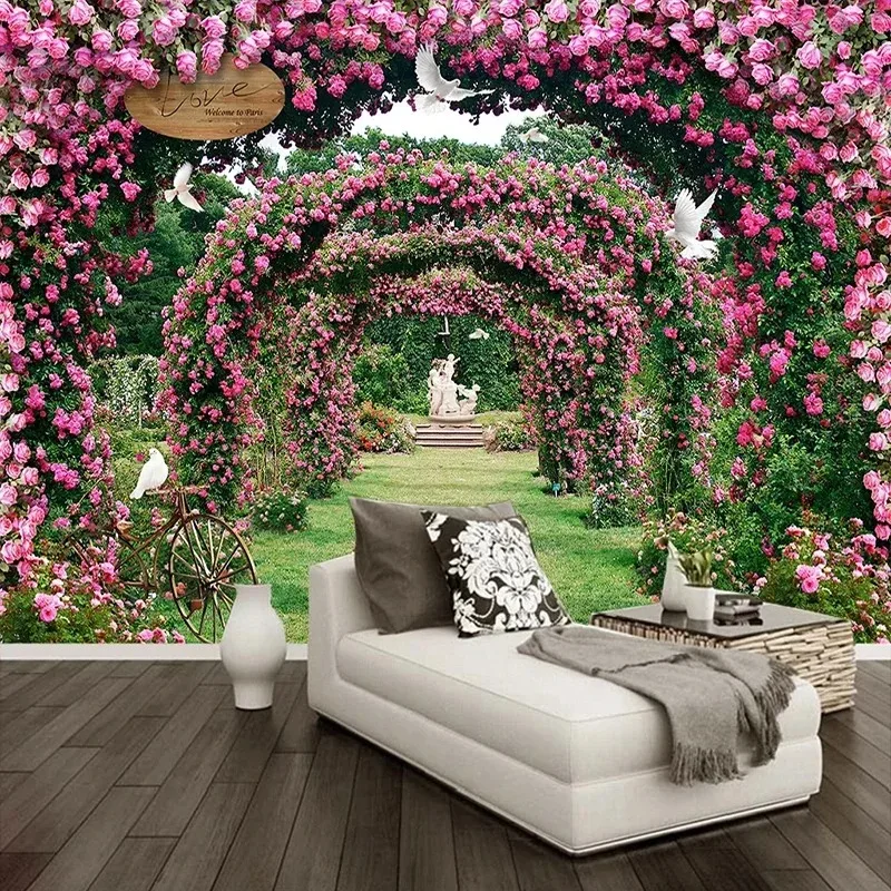 Elegant Garden Romantic Flower Vine Rose Flowers Pigeon Landscape Wall Painting Cafe Restaurant Bedroom Home Decor Wallpaper
