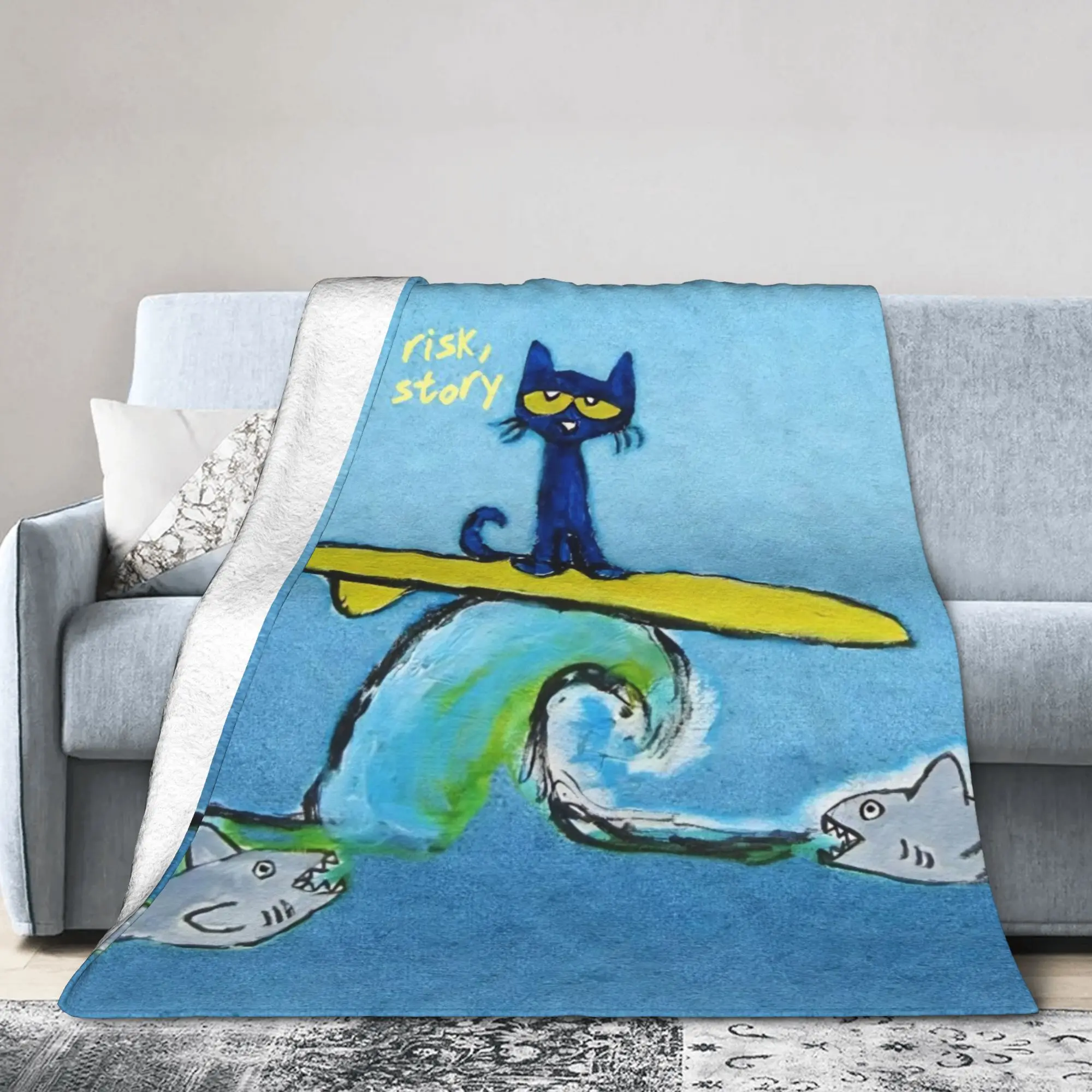 Surfing Pete The Cat Fleece Blanket  Funny Throw Blanket for  Sofa Bedding Lounge 150*125cm Quilt
