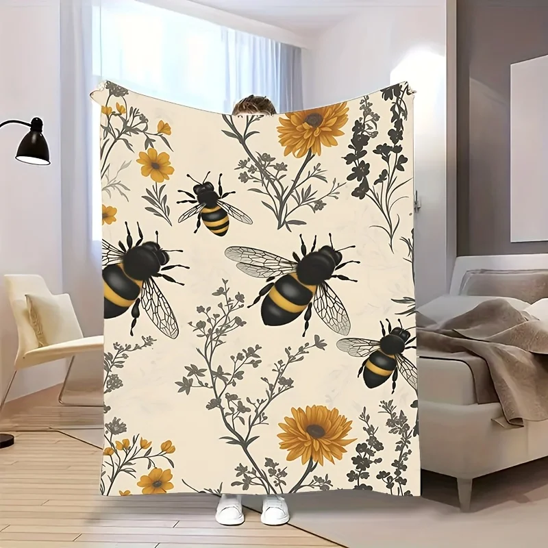 Cozy Cute Minimalist Insect Sunflower Print Flannel Blanket Throw with Vibrant Bee Flower Design, Perfect for Sofa, Bed