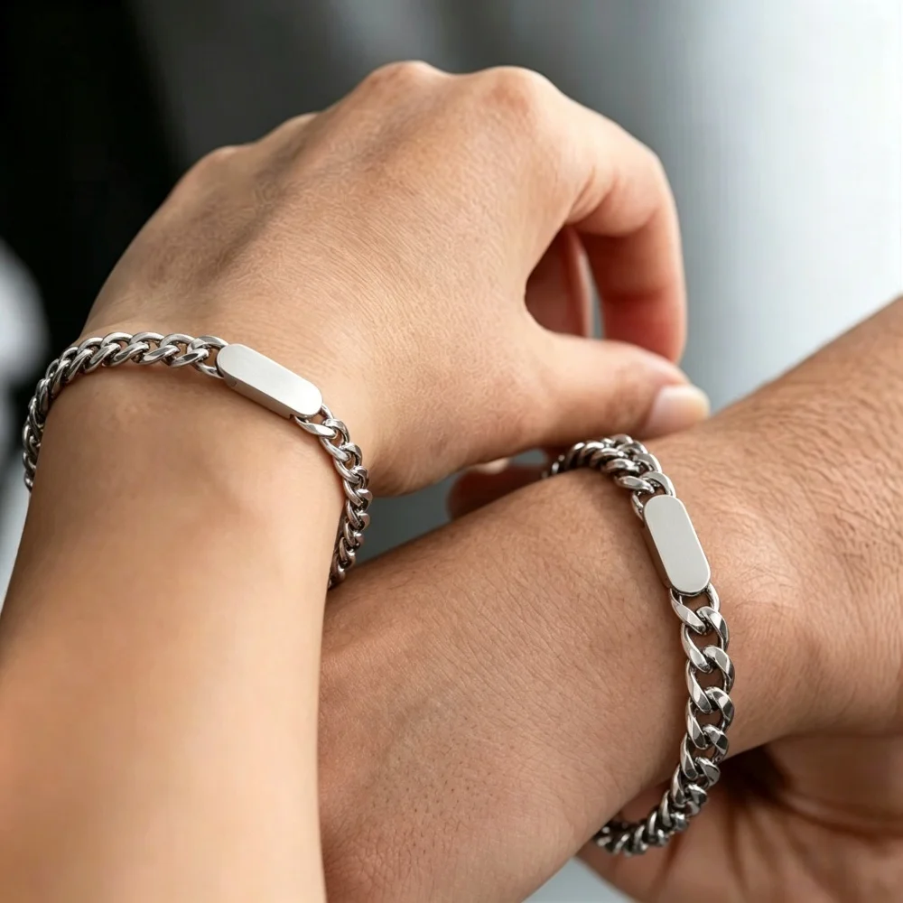 Engraved Name Customized Couple Bracelets Stainless Steel Gold Plated Thick Hand Chain Personalized Gift for Lover Men Women