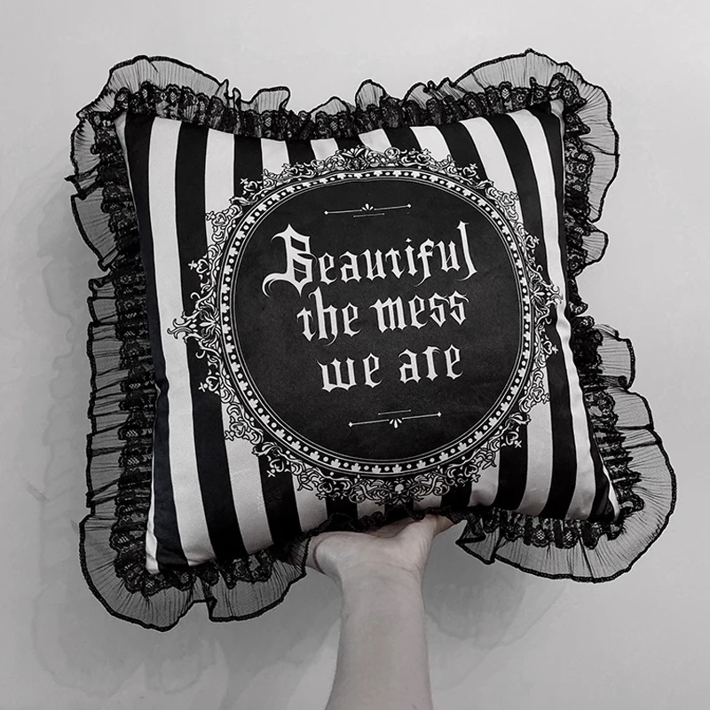 2PCS Dark Gothic Lolita Y2k Velvet Pillow With Pillow Core Two layers of Lace Edges Fluffy Soft Throw Pillow Home Party Cushion