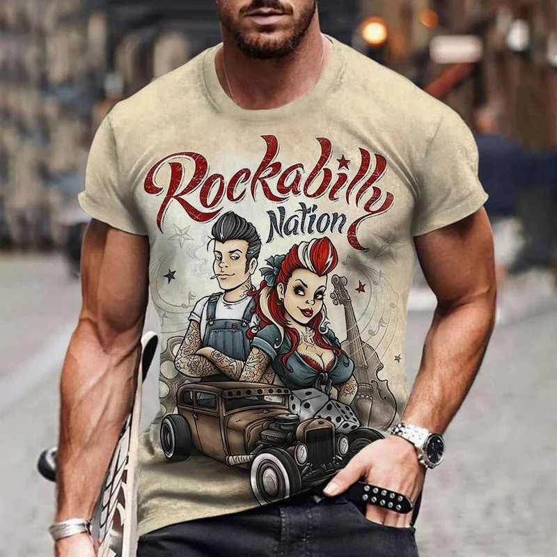 T-shirt ras du cou vintage pour hommes, pull à manches courtes, haut imprimé motard Route 66, vêtements de rue respirants, t-shirt décontracté pour