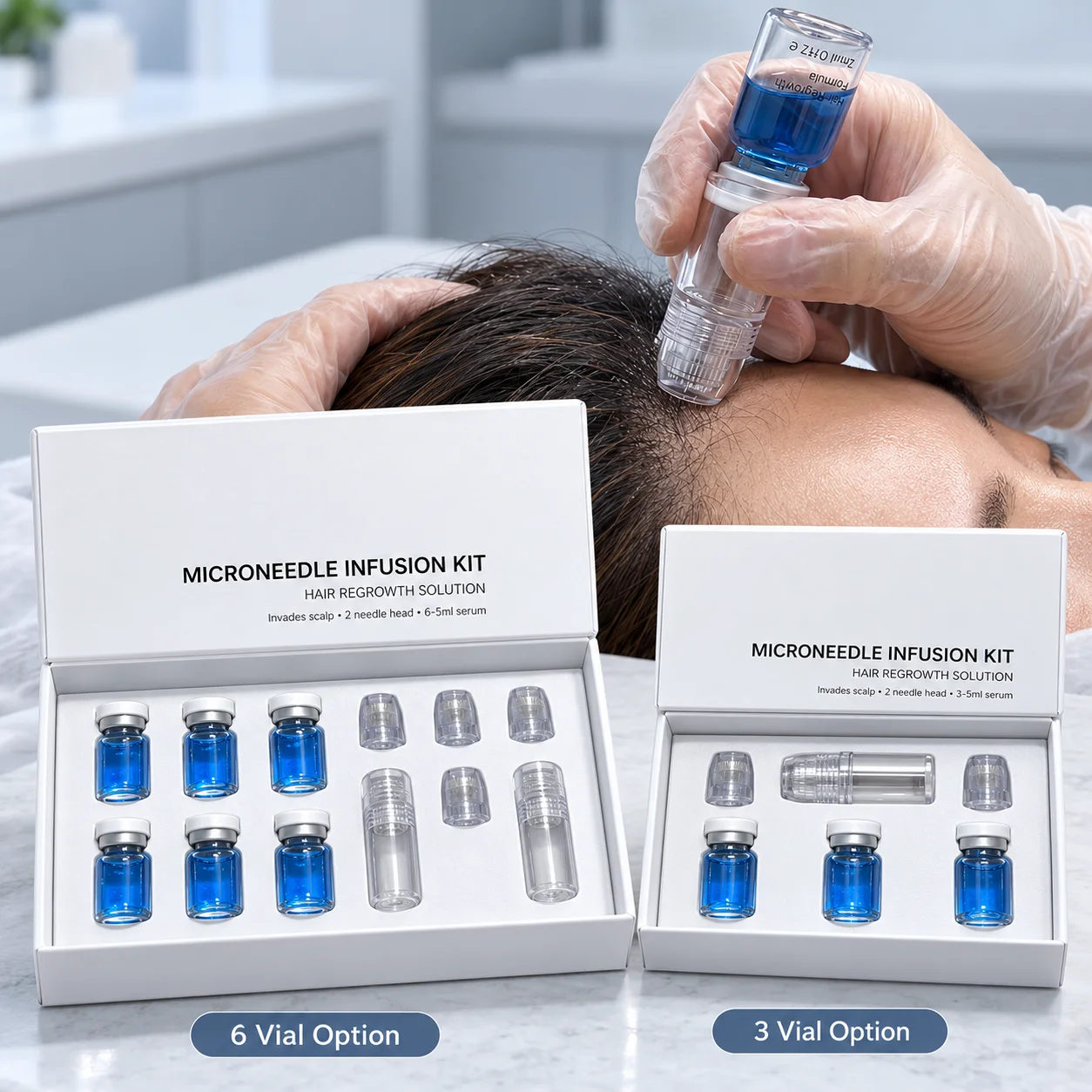 Scalp Microneedling Kit With Blue Copper Peptide Serum Vials And Stamp Applicator Packed In A Presentation Box And Fitted Insert