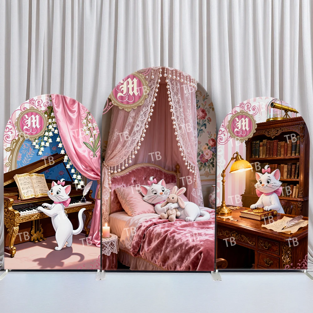

Disney Marie The Cat Arch Backdrop Cover Elegant Pink Piano Princess Bed Study Desk for Birthday Party Photo Booth Props