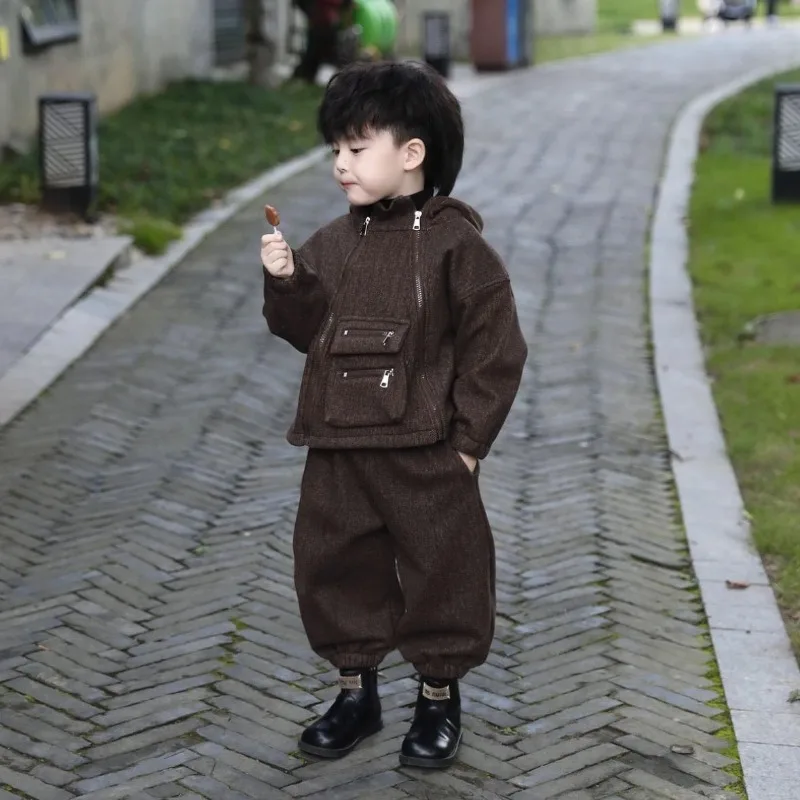Boys' set Mocha color winter new item children's velvet double zipper hooded jacket long pants two-piece set