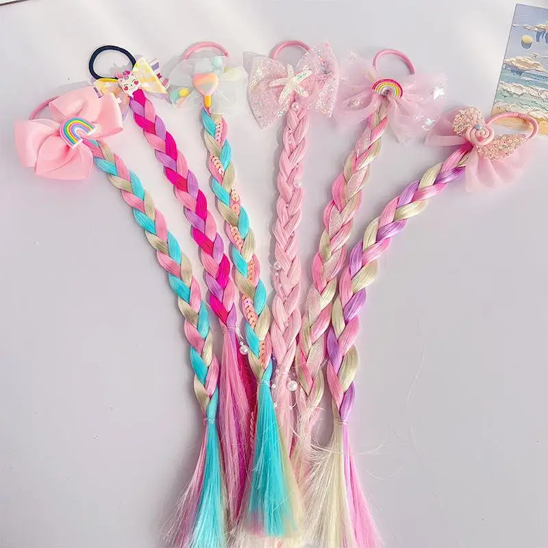 Unicorn Cute Wigs Ponytail for Kids Girl Candy Color Cartoon  Butterfly Bow Ponytail Hair Styling Rubber Bands Headwear Braid