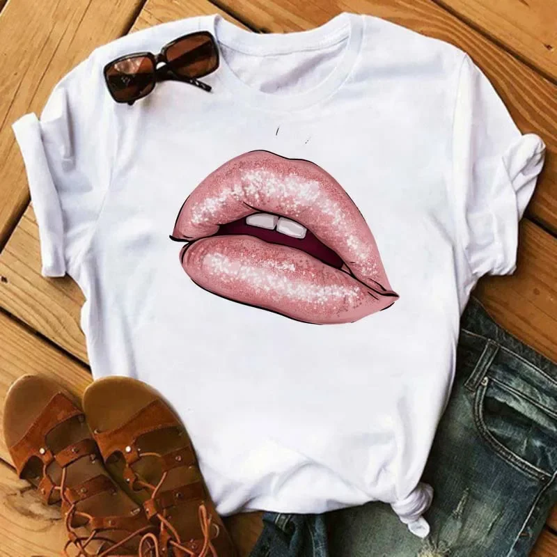 เสื้อยืดพิมพ์ลายปาก, เสื้อคอกลมแขนสั้นลําลองสําหรับฤดูใบไม้ผลิและฤดูร้อน, เสื้อผ้าเสื้อยืดขนาดบวกของผู้หญิง