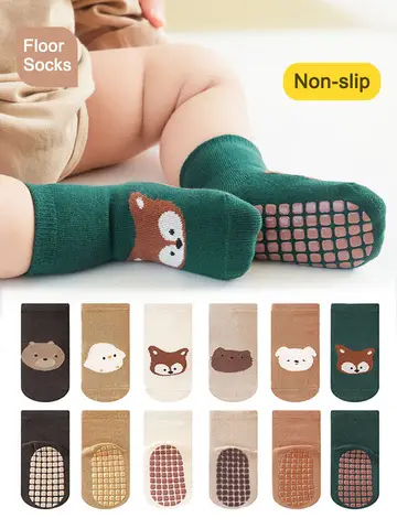 6 Pairs Kids Non-Slip Socks Cute Cartoon Fox and Bear Pattern Childrens Boys Girls Floor Socks Comfortable for Toddler
