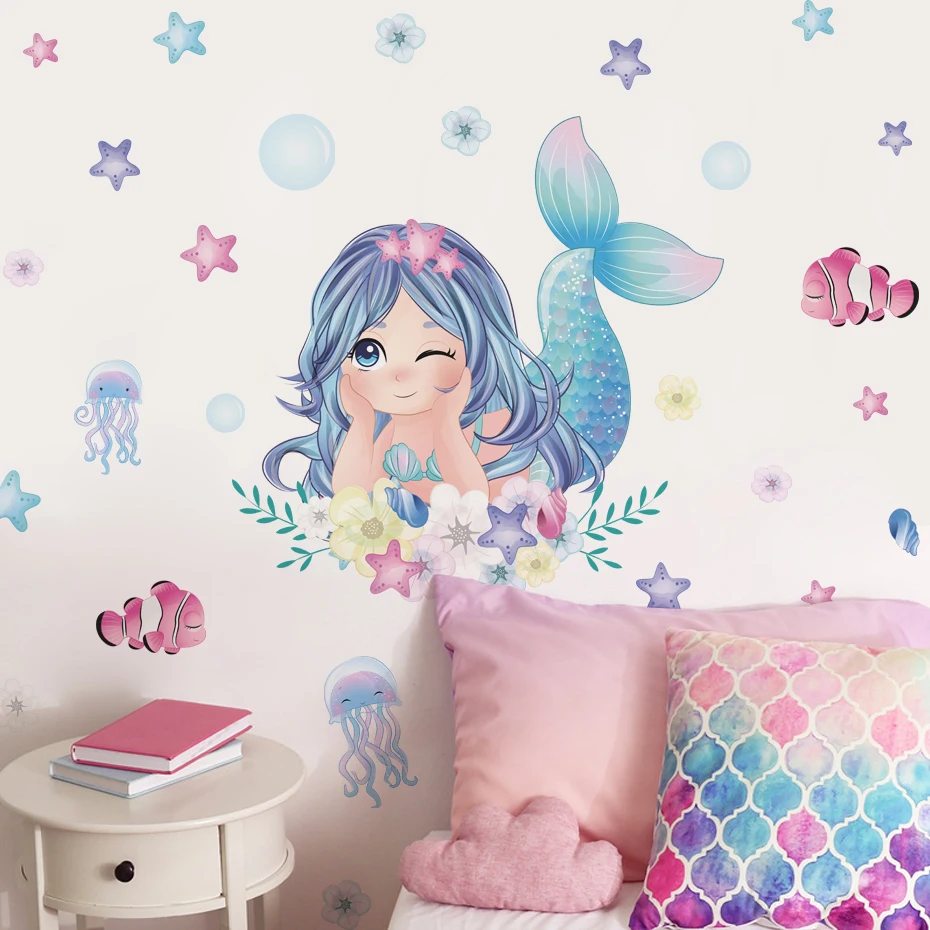 Cute Cartoon Mermaid Swinging Jellyfish Wall Stickers for Baby Girls Room Kids Room Wall Decals Nursery Living Room Decor