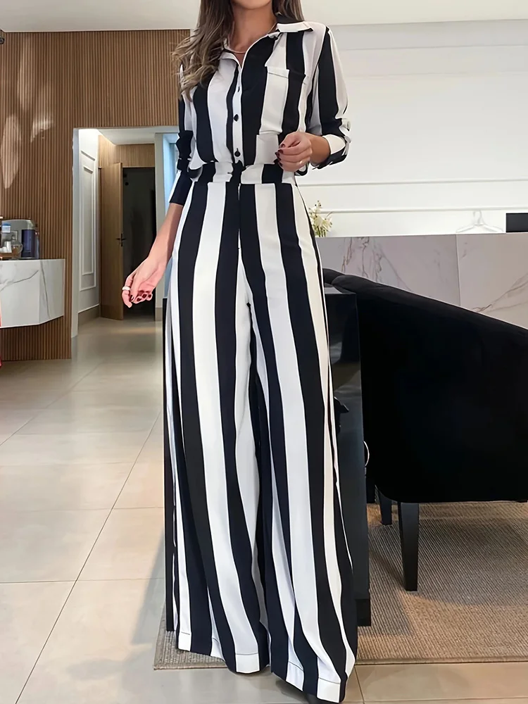 

Women Striped Loungewear Matching Sets, Turn-Down Collar Long Sleeve Fashion 2PCS Outfit, 2024 Loose Wide Leg Pants Ladies Suits