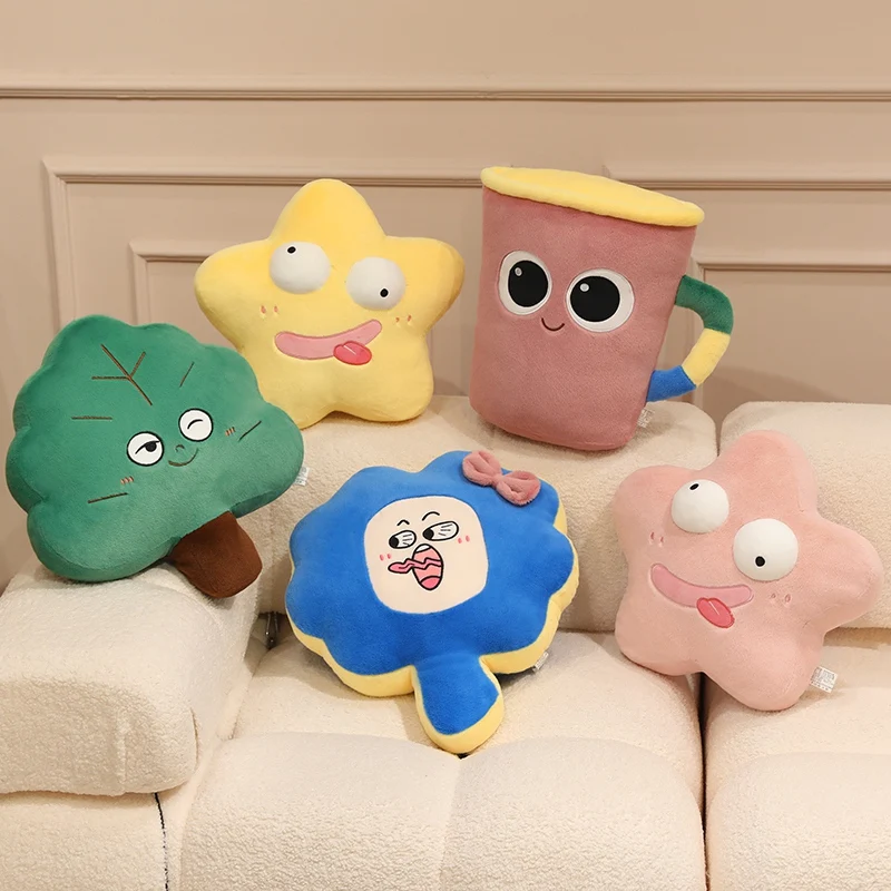5 Styles Funny Cartoon Shaped Plush Pillow Wink Tree Colorful Cup Bow Flower Star Stuffed Cushion Fluffy Cute Gifts.