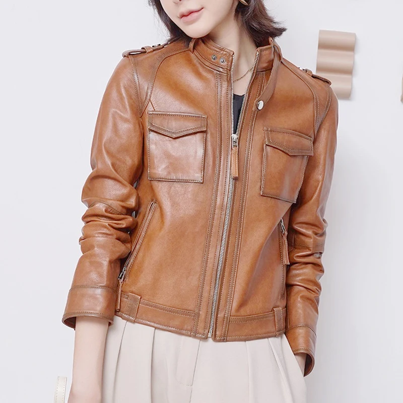 M-4XL 여성용 양가죽 리얼 레더 숏 재킷 2025 가을 겨울 레트로 스탠드 칼라 슬림핏 모토 레더 재킷 코트