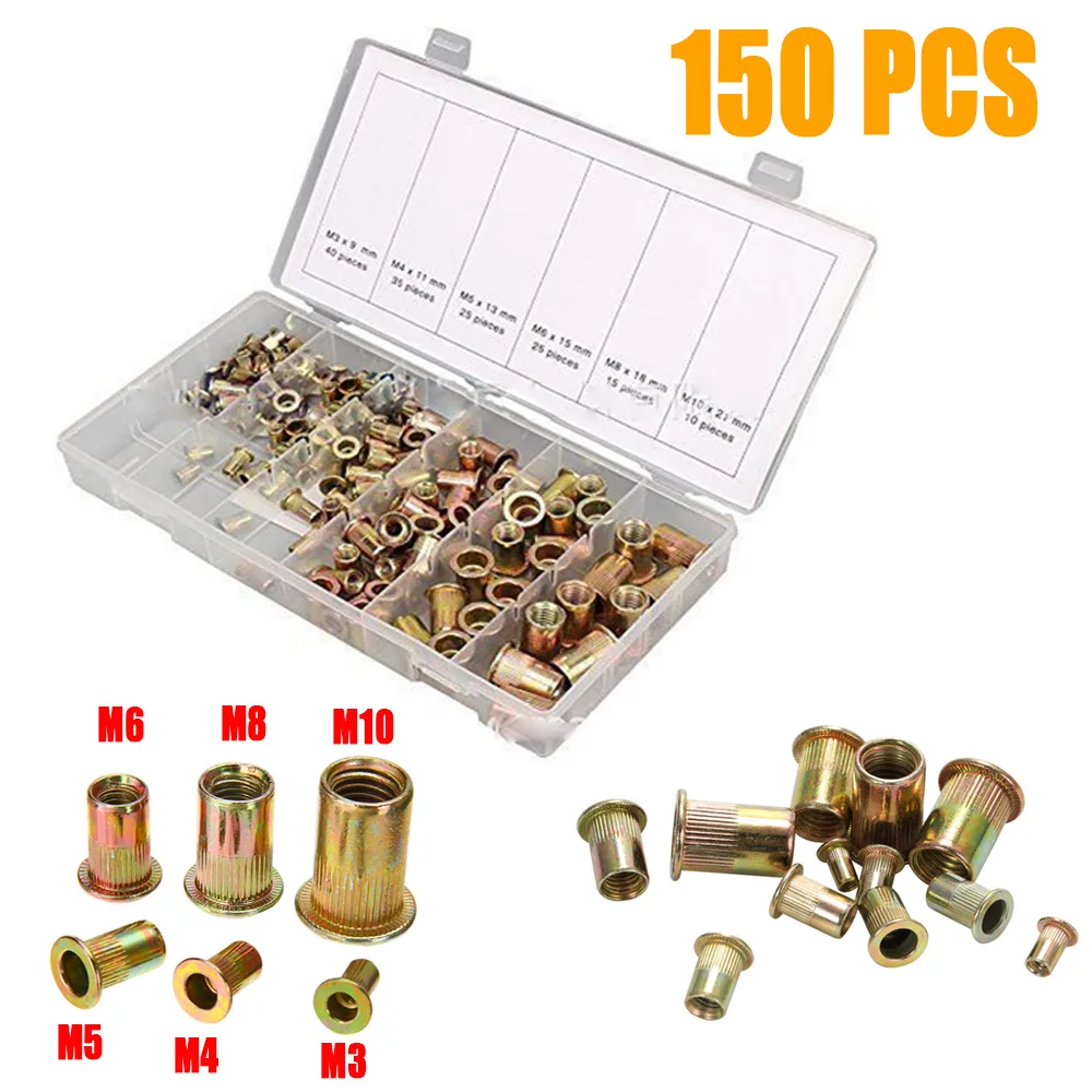 150Pcs M3 M4 M5 M6 M8 M10 Zinc Plated Carbon Steel Rivet Nuts Flat Head Threaded Insert Rivet Cap Set Threaded Nuts