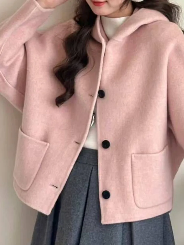 ZMEENNA Lässige kurze lila Kapuzenjacke für Damen mit Knopfleiste vorne und großen aufgesetzten Taschen, Herbst-Winter-Oberbekleidung ZM3714