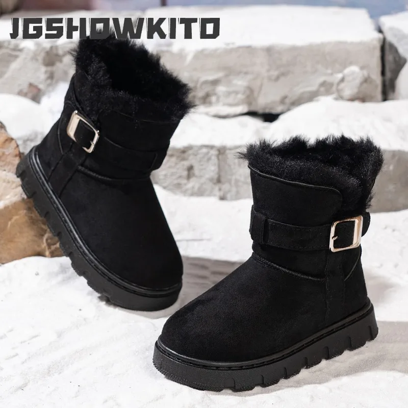 JGSHOWKITO Children Suede Ankle Boots Winter Boys Girls Platform Cotton Boots Slip-on Outdoor Warm Soft Thermal Kids Snow Boots