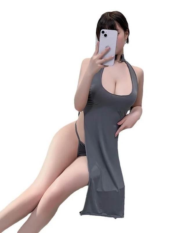 أزياء المرأة الصيف الغريبة شنقا الرقبة بلون بسيط جوفاء يتعرض الصدر العرقية نمط شق تنورة طويلة P9U4 #5